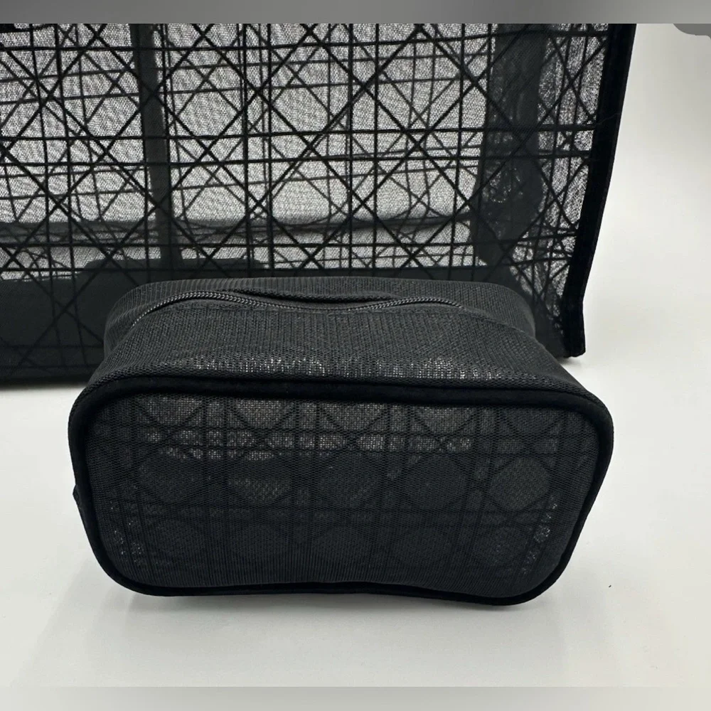 New in Bag Dior Black Double Mesh GWP Tote & Pouch Set Velour Dior & Handles - Picture 3 of 11